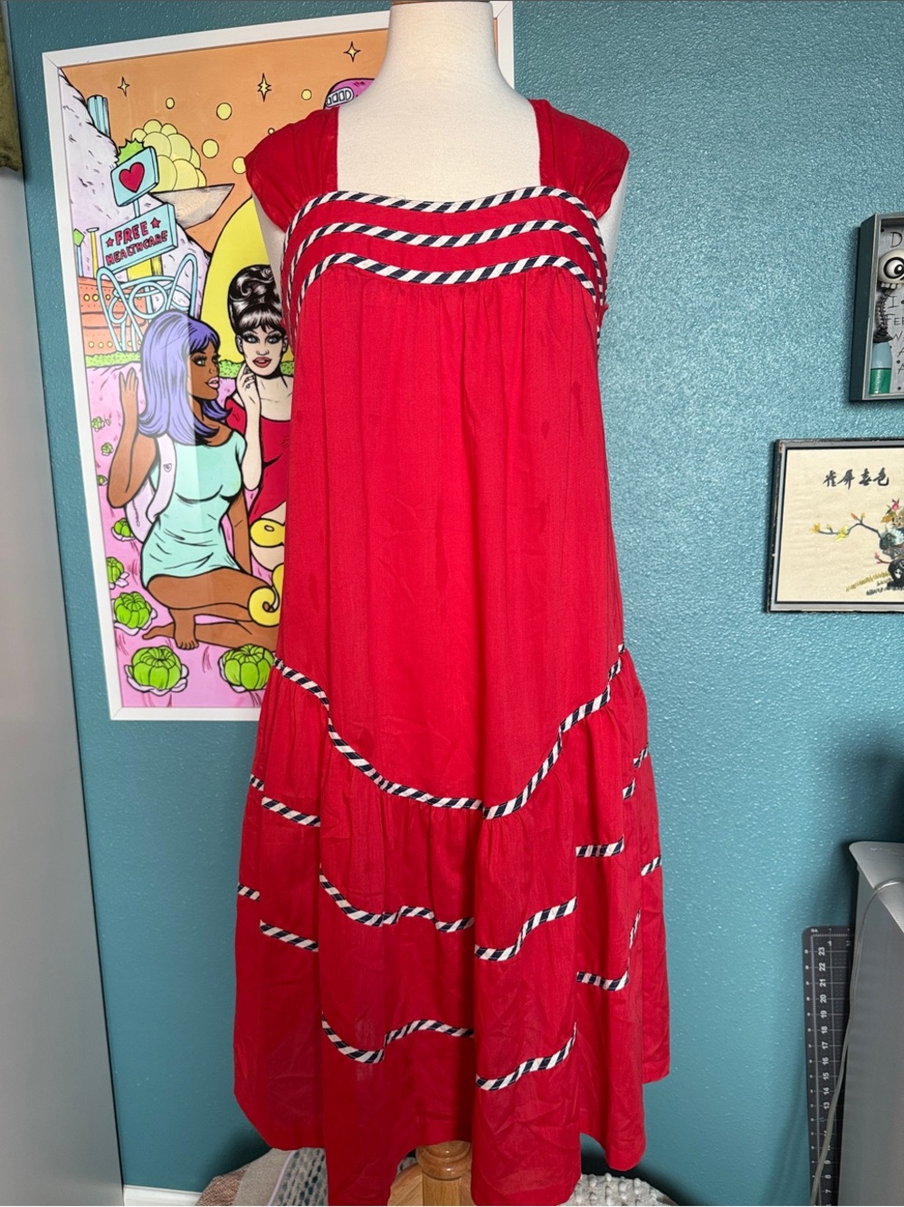 VTG Smart Time Red Prairie Cottagecore Tiered Midi Dress M